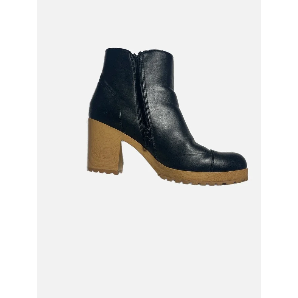 Sun + Stone Platform Ankle Boots Womens 8.5 Black Faux Wood Block Heel Lug Sole